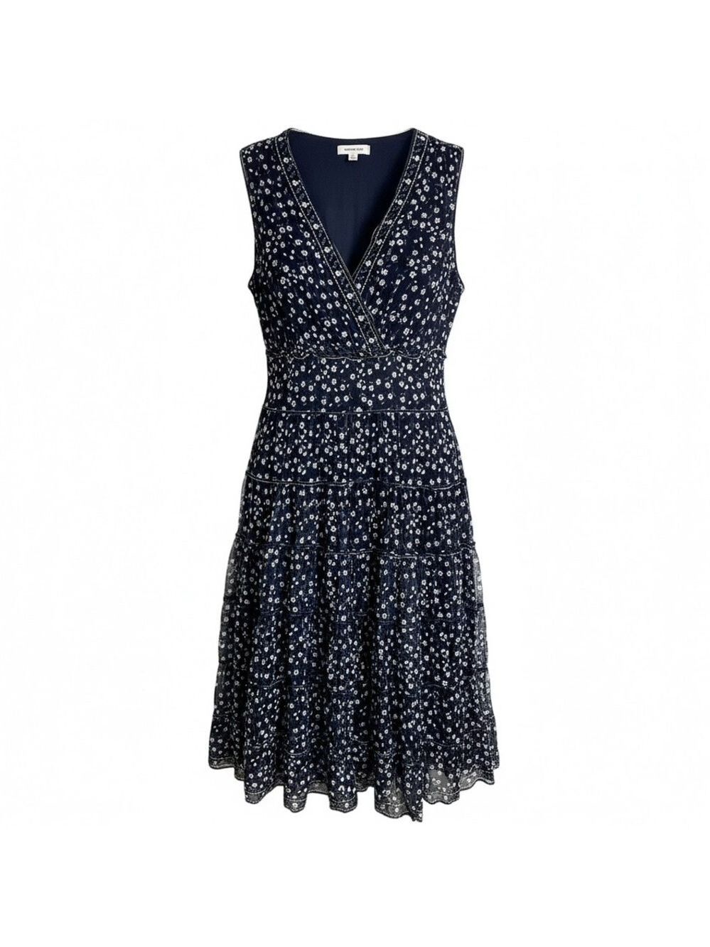 Max Studio V-Neck Sleeveless Mesh Tiered Midi Dress navy blue floral Size Small - Picture 2 of 6